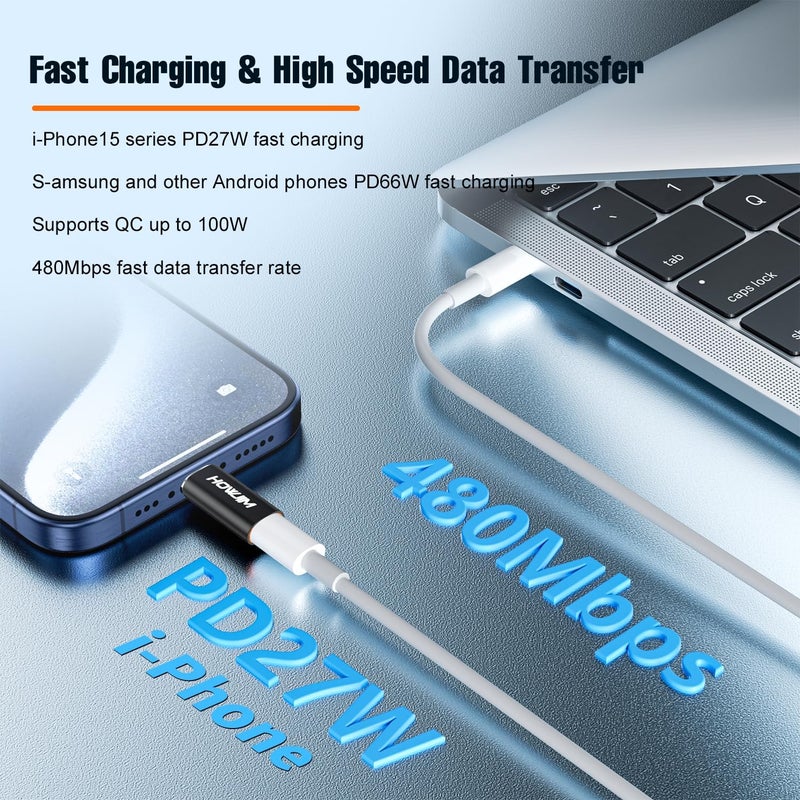 HOWJIM Light-ning to USB C Adapter 2Pack,PD27W/66W Fast Charging 480Mbps Data Transfer,Type C Charger Converter Cable for Phone 17/16/15,Pad Pro,G-alaxy,Not for Headphones/OTG/Flash Drive/A-pple Pencil Black - Image 2